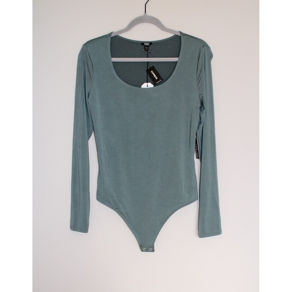 Express Body Contour Compression Long Sleeve Snap Thong Bodysuit Sage Medium NWT